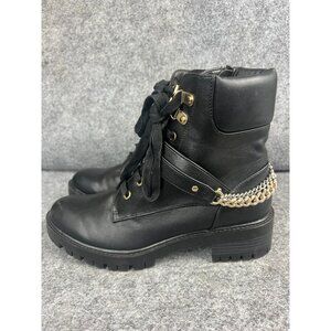 Rachel Zoe Millie Combat Boots Women's 7.5M Black Chain Accent Chunky Lace Up